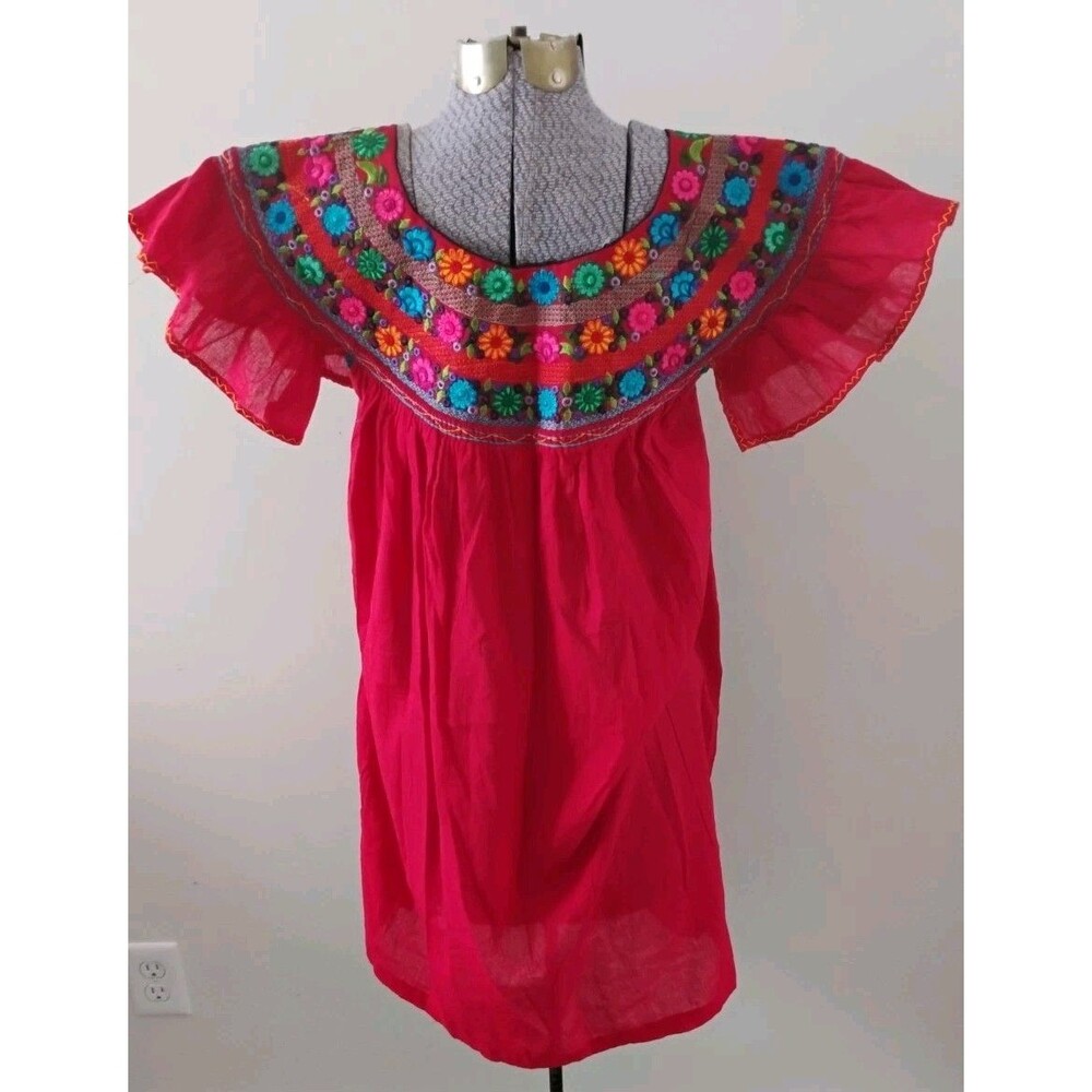 Red Embroidered Dress Women's Boho Peasant Oaxaca Huipil Floral Mini Sz S - Picture 6 of 9